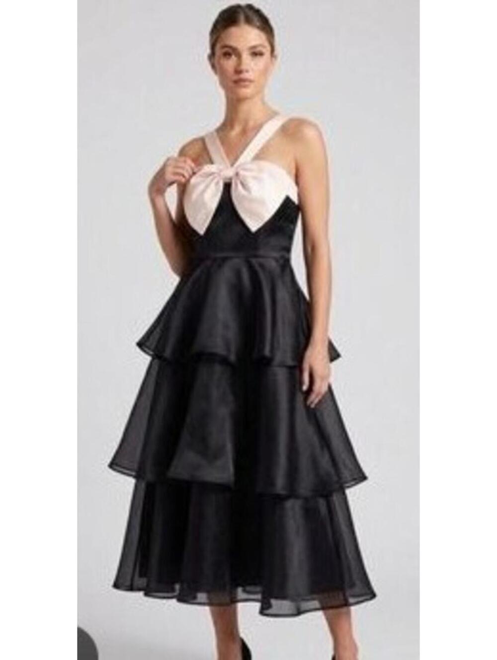 Lulus Womens Black Ruffled Dress with Cream Straps and Bow, Size MediumN